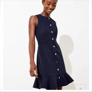 Loft Dress Size 2 Navy Blue Gilded Button Flounce Pocket  Sleeveless Dress .1B